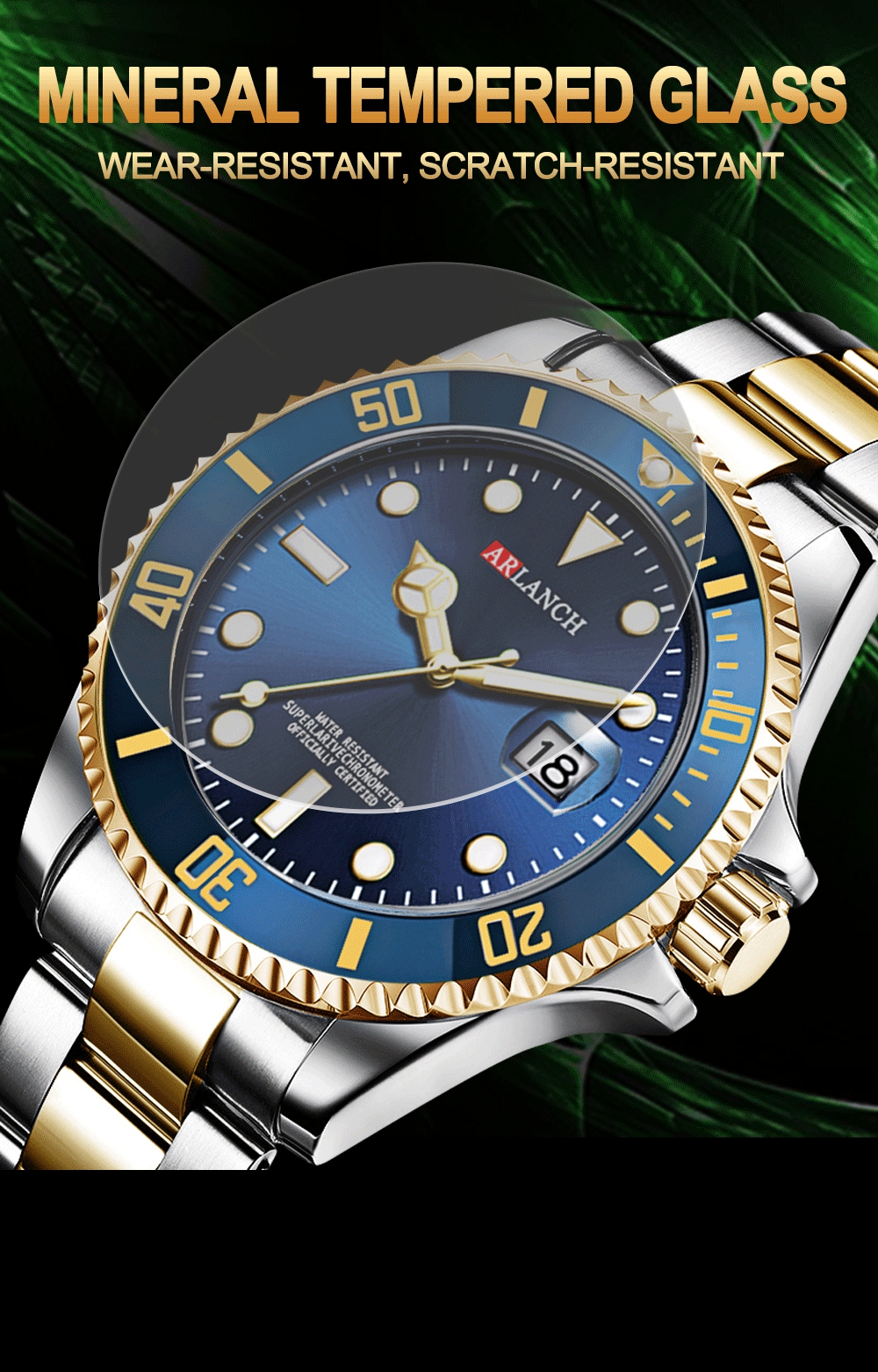 ARLANCH A306 New Water Ghost Series Classic Green Dial Luxury Men Not Automatic Watches Stainless Steel Waterproof Quartz Watch