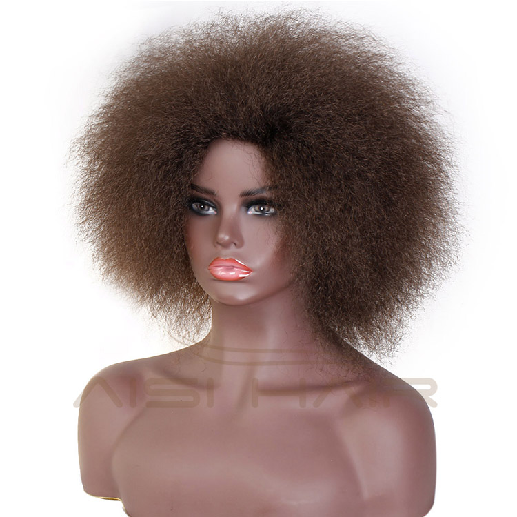 Good Quality Afro Kinky Curly Dark Brown Short Fluffy Hair Synthetic Fiber Cosplay Wigs for Black Women