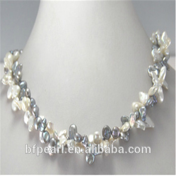 2 Rows Twisted 8mm White and Grey Keshi Pearl Strands Necklace