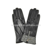 Suede leopard print zipper women sheepskin leather glove