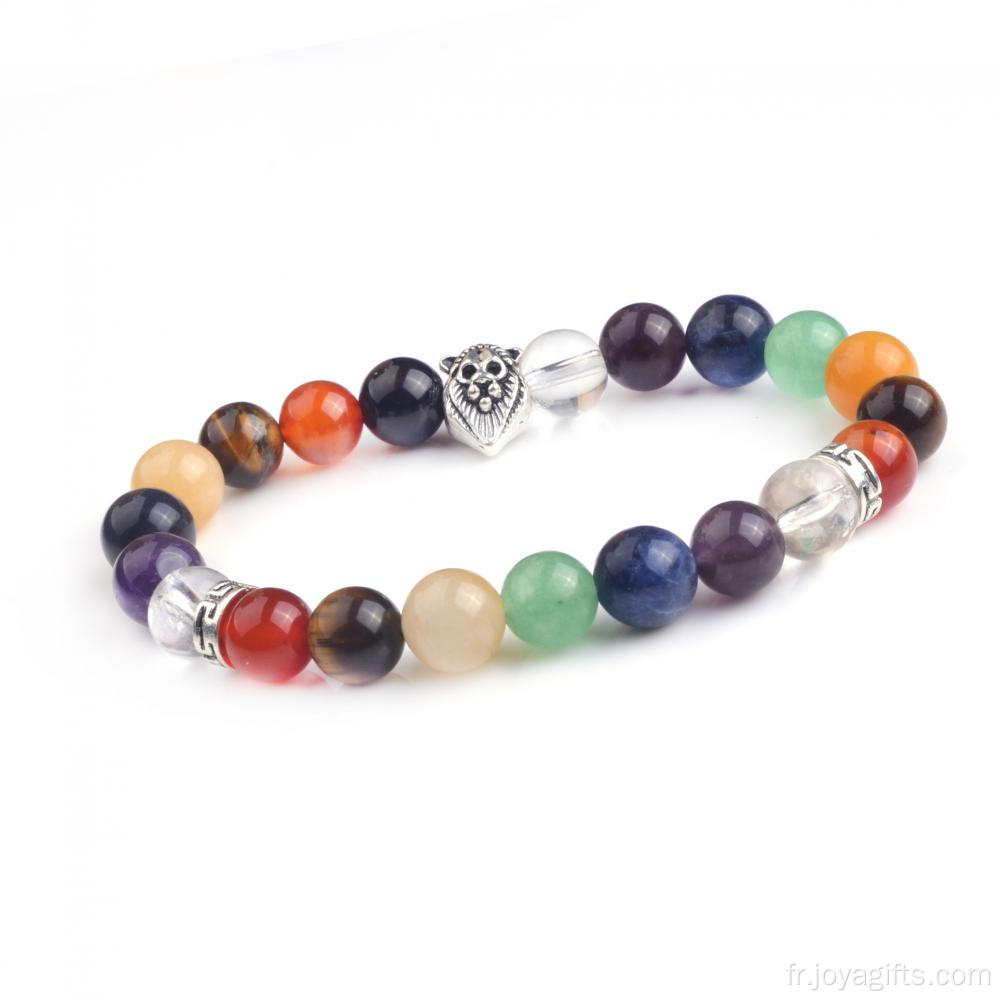 Gros coloré Chakra élastique perles Bracelets avec breloques Bouddha/Lion Bracelet