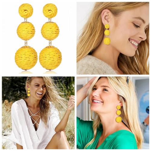 Raffia Ball Earrings Stud for Women Handmade Rattan Dangle Drop Ear Summer Beach Long Jewelry Holiday Accessory Gifts