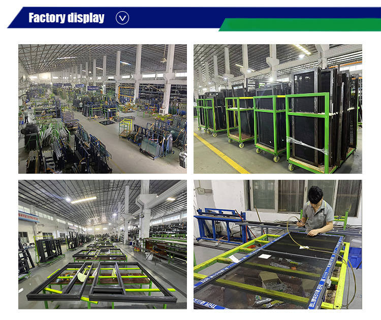 JBD HOME aluminum door and window factory in Foshan, China — showcasing large-scale automated production lines, organized warehouse with finished bi-fold door frames on green racks, precision assembly of window profiles, and skilled technicians performing