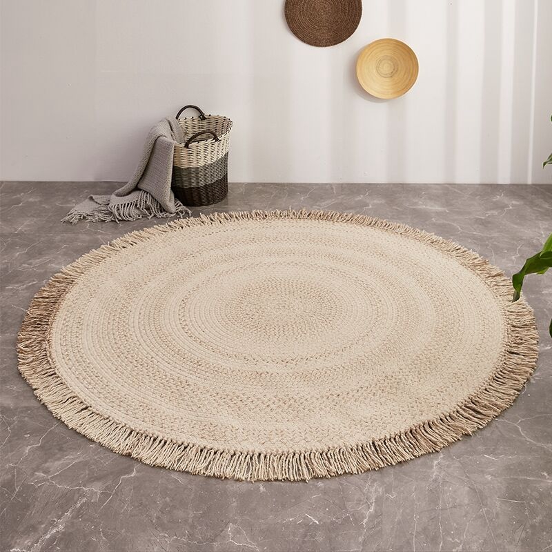 Round Wool Braided Living Room Rug With Tassels