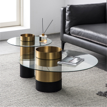 Round glass brass center mirror tea table