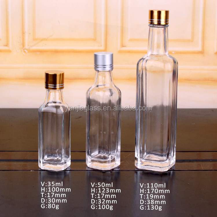 Hot Sell 30ml 50ml 100ml Square Shape Empty Glass Olive Oil Liquor Wine Bottle with Screw Lid