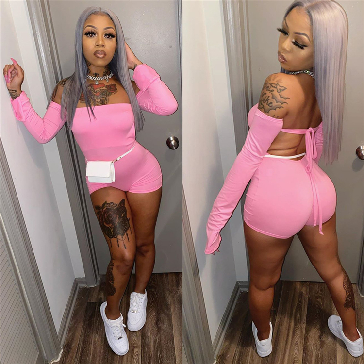 C6257 Backless jumpsuit short pink casual all-match women rompers ladies