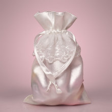 pure white drawstring satin bagpouch with lace