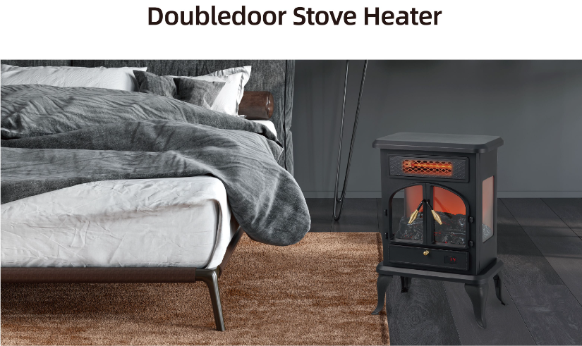 Electric Stove Heater 1400W Freestanding Fireplace With Wood Stove Flame Effect - Two Doors