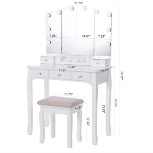 Tri-Folding Mirror White Vanity Desk Table