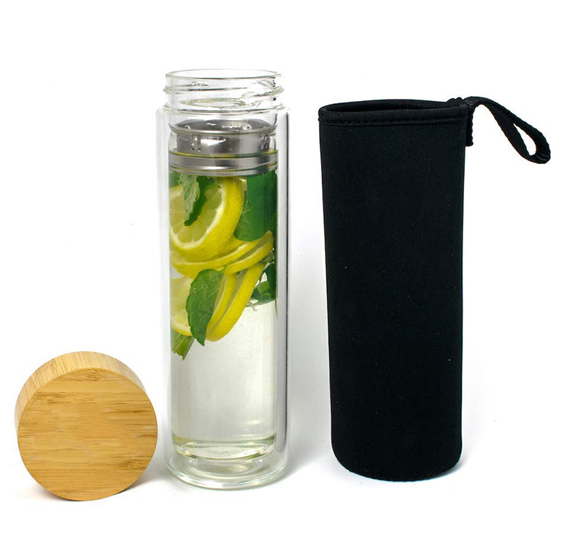 Hot Sale Glass Tea Cup Water Bottle With Nature Bamboo Lid glass water bottle drinking