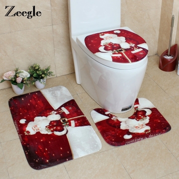 Zeegle 3Pcs Bathroom Floor Pad Toilet Rug Bathroom Christmas Non-Slip Mat Lid Toilet Seat Cover Mat Set Home Decoration Bath Rug