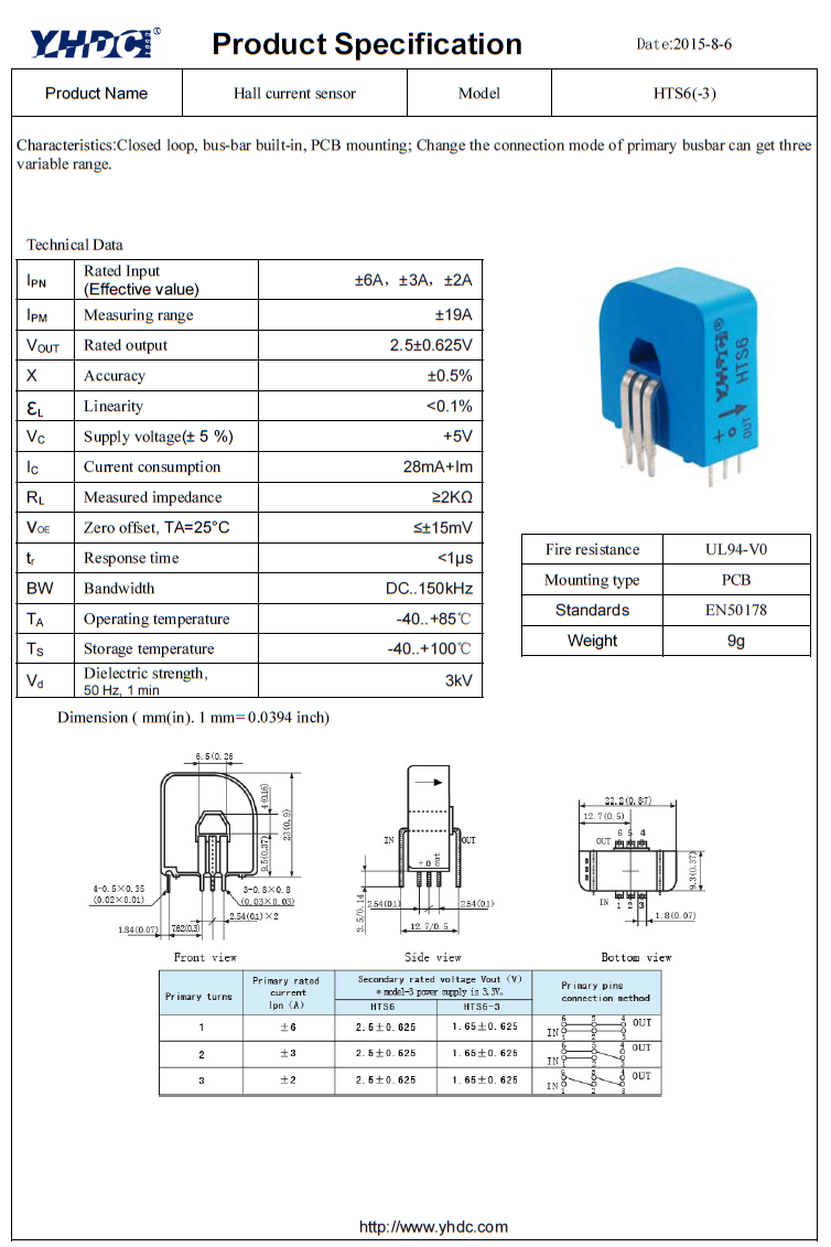 6A 3A 2A to 2.5V pcb mounting encapsulated hall effect current sensor/ busbar built-in sensor