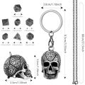 Mini DND Dice Set with Skull Head Metal Cage Portable Keychain Necklace, Tiny 7pcs Polyhedral Dice Set in Skeleton Necklace