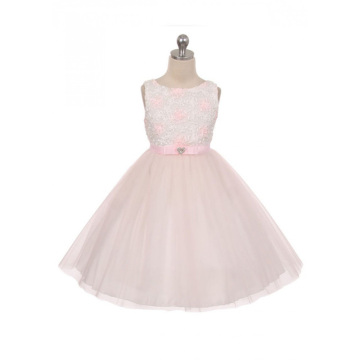 Candy Sugar Pink and White Party Dress With Ribbon Flowers Fancy Kid Dress