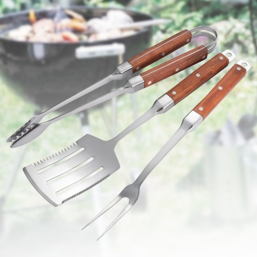 Ensemble d&#39;outils de BBQ d&#39;acier inoxydable de poignée en bois 3PCS