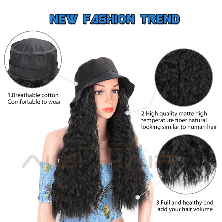 Aisi Hair Outdoor Hat Wig Long Wavy Cosplay Party Knit Slouchy Hat Synthetic Fiber Hair Extension With Black Cap For Women