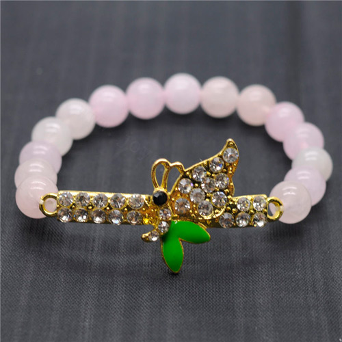 Pulsera de piedras preciosas elástica y cuentas redondas de cuarzo rosa 8 mm con pieza de mariposa Diamante