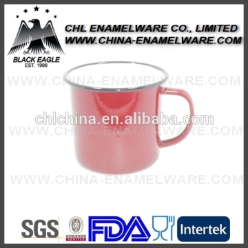Red color enamel mug with black rolled rim