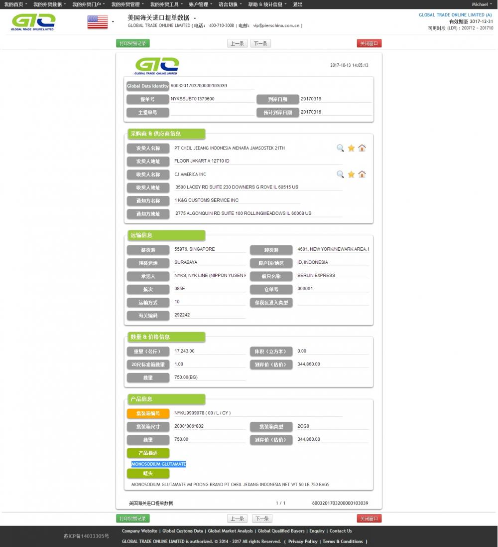 Mẫu dữ liệu nhập khẩu monosodium glutamate Vegan-USA