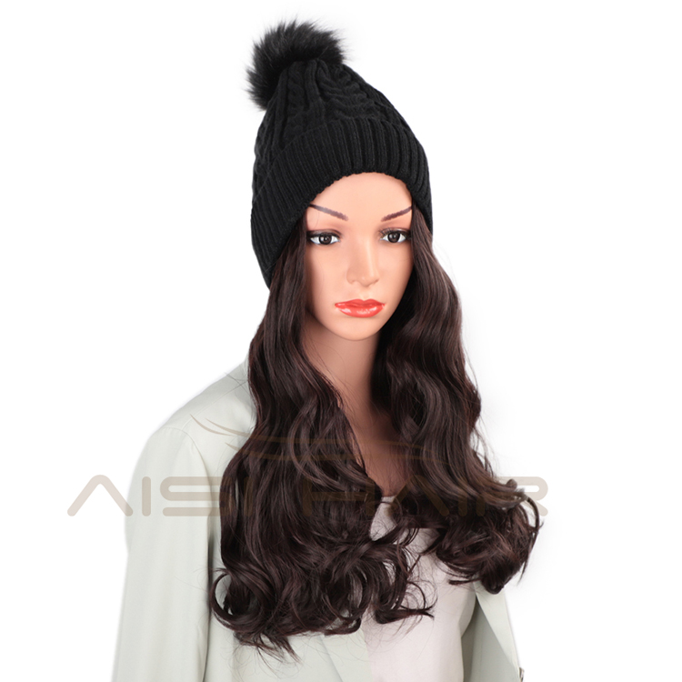 Aisi Hair Dark Brown Synthetic Long Wavy Cosplay Party Knit Slouchy Hat Fiber Hair Extension With Cap For Black White Women