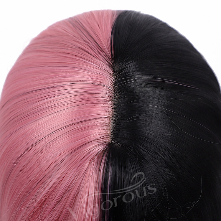 Black And Pink Girl's Colorful Hair Short Straight Wave Wigs With Bangs For Women Synthetic None Lace Bob Wig Shoulder Length