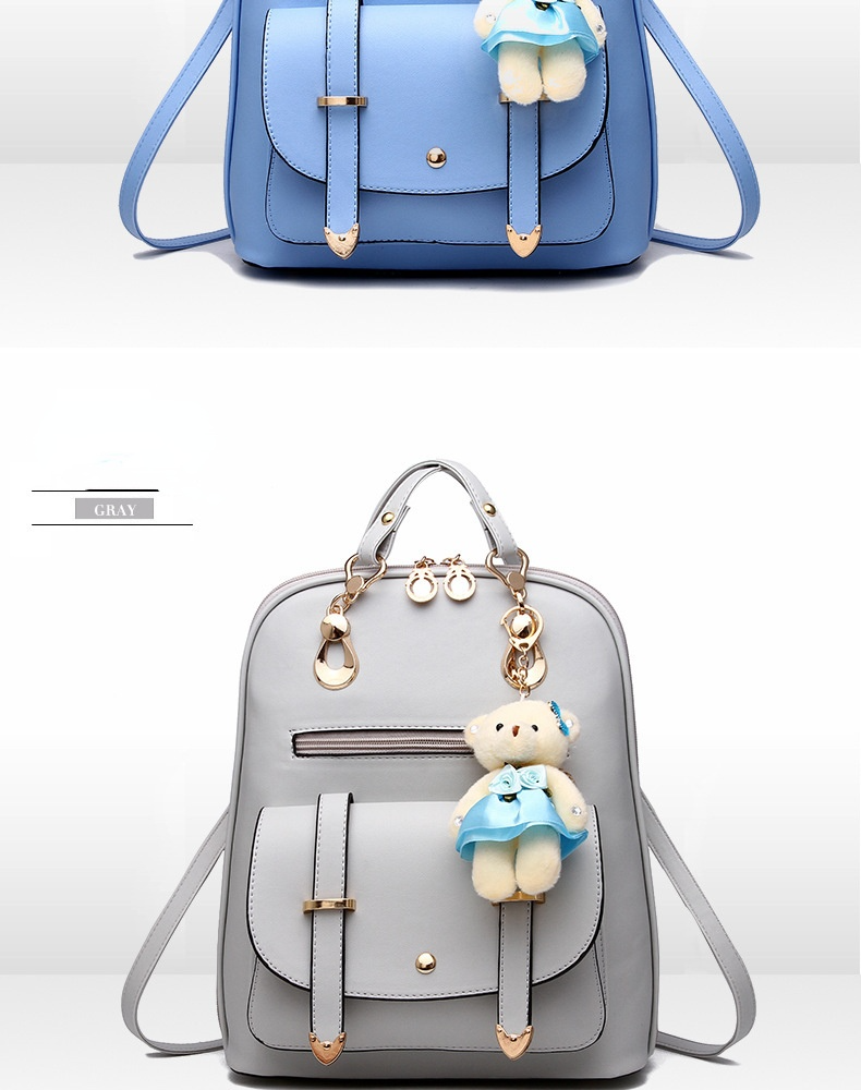 Fashion Backpack PU Leather Women Girls Bear Pendant Backpack Purse Shoulder Satchel Top-Handle Bags