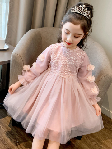 Girls' long sleeved velvet dress in autumn and winter, lace princess dress in autumn and winter