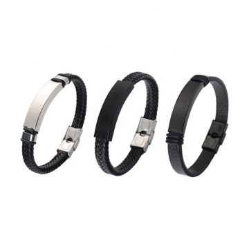 Factory Direct Luxury Black Leather Bracelets with Engravable Men's Bangles