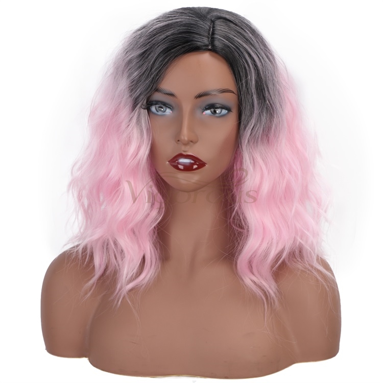 Vigorous 14 Inch Curly Wave Short Bob Wigs Ombre Light Pink Synthetic Cosplay Pastel Wig for Girl Costume Christmas Party