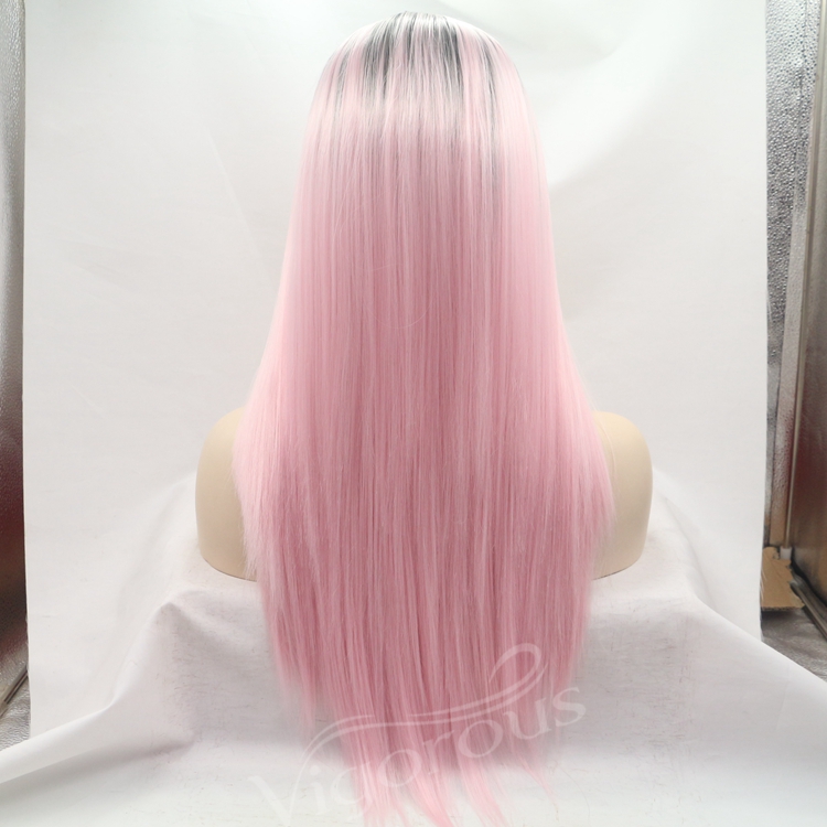 Vigorous pink ombre long straight premium high quality wholesale black women synthetic hair wigs with lace front