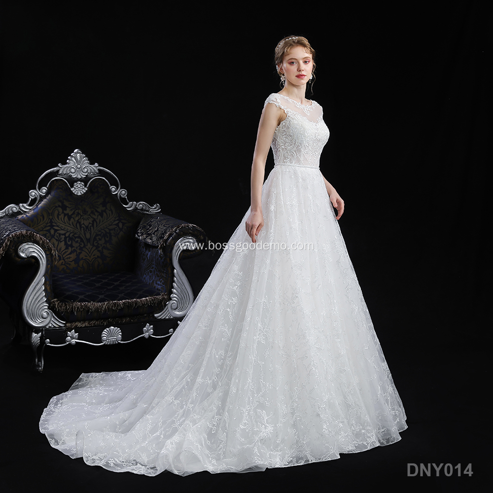 Elegant Tulle Lace Appliques short Sleeve Ball Gown Wedding Dress For Bridal