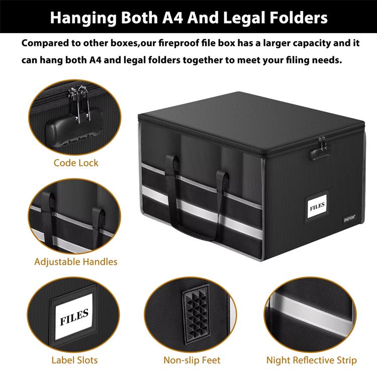Portable Collapsible Fireproof File Storage Box Document Case with Lock for Home Office Letter Legal Folders