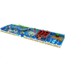 Ocean-Themed Trampoline Park: Large Rectangular Trampolines, Small Basketball Frames, and Amusement Fun