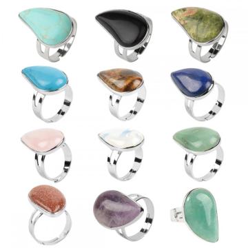 Natural Stone Waterdrop Rings Gemstone Water Drop Adjustable Ring Crystal Teardrop Wedding Ring for Women Anniversary Birthday