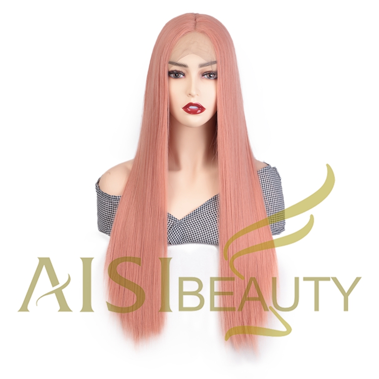 Aisi Beauty Hot Selling Wholesale Long Silky Straight Pink Pre Plucked Middle Part Synthetic Hair For Black Women Lace Front Wig