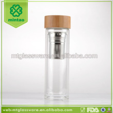 promotion 400ml custom braned double wall glass drink tea water bottles with bamboo lid