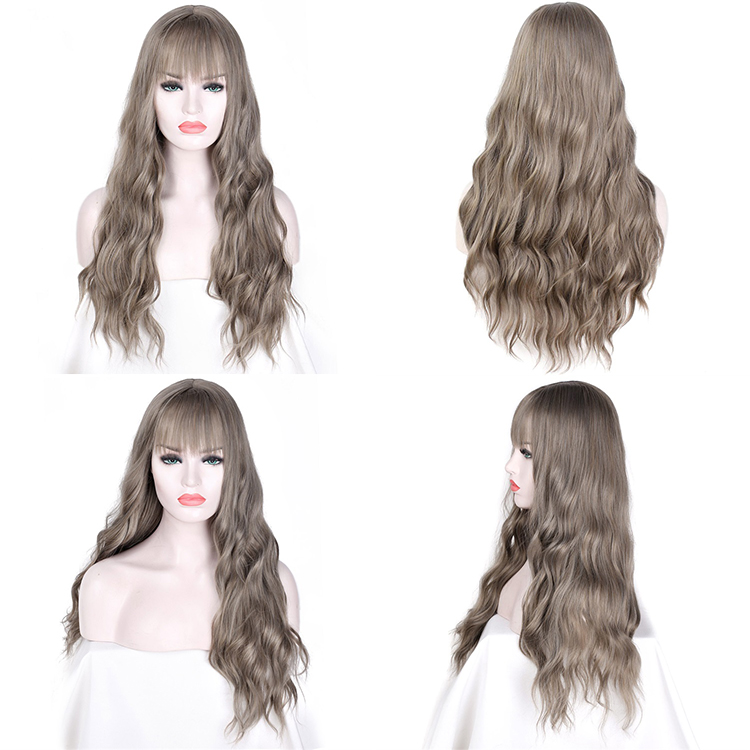 Vigorous Synthetic Long Gray Wigs with Bangs Water Wave Heat Resistant Black Brown Pink Purple Cosplay Wigs for Women
