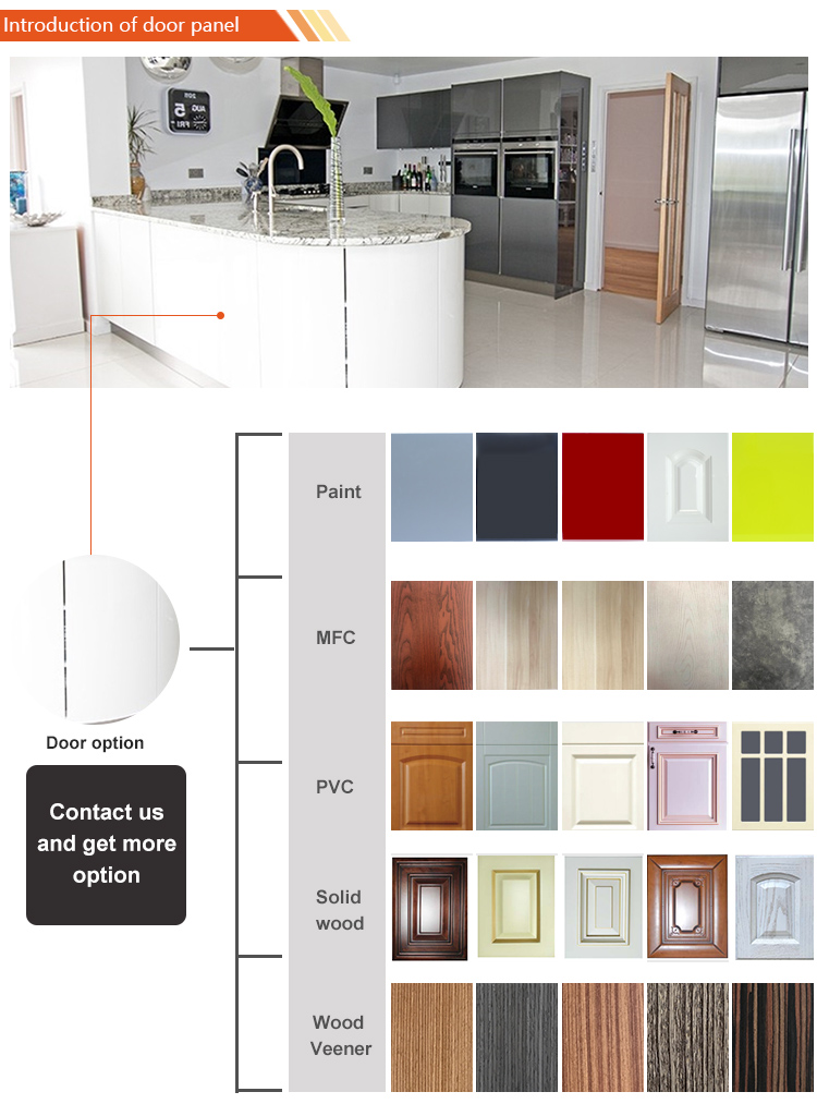 White lacquer curved door kitchen cabinet with an island
