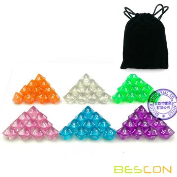 60pcs sortierte farbiges lichtdurchlässiges D10 (1-10) Satz, 6X10pcs 10 Seiten-Würfel-transparente vielflächige Würfel D10 stellten in Drawstring-Beutel ein