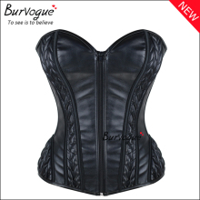 Burvogue Black Zipper Leather Overbust Corset Bustier Tops