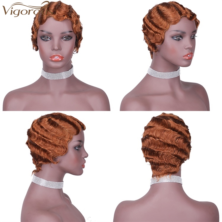 Vigorous Cheap 100% Real Human Hair Finger Wave Wig Pixie Cut Short Light Auburn Curly Wigs for African American Women