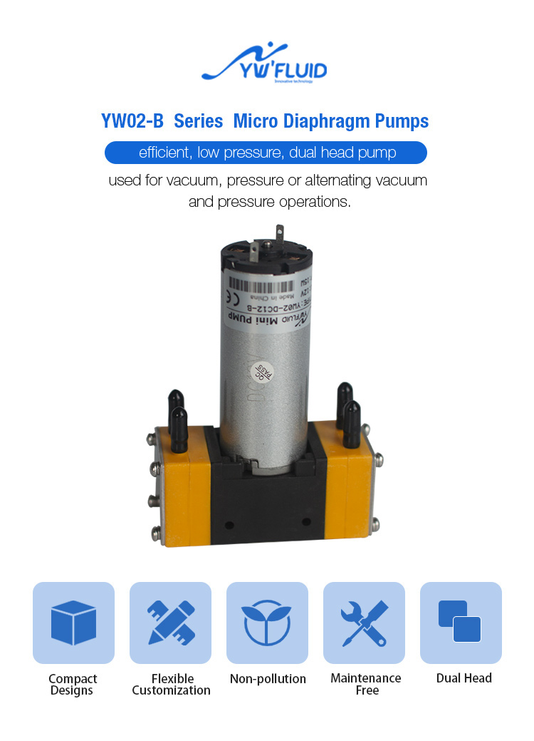 YW02-B-DC 12V 24V Mini Diaphragm Dual Head Pump Brush Air Pump 4.2L/min Water Pump 600ml/min 0.1MPa 15PSI