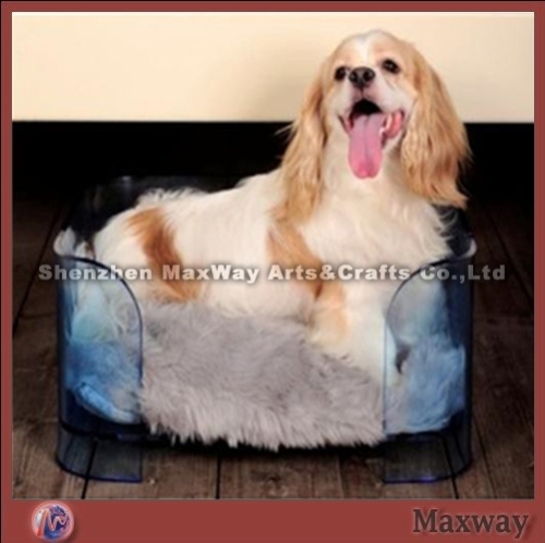 Square blue lucite/acrylic pet/dog bed with gray cushion