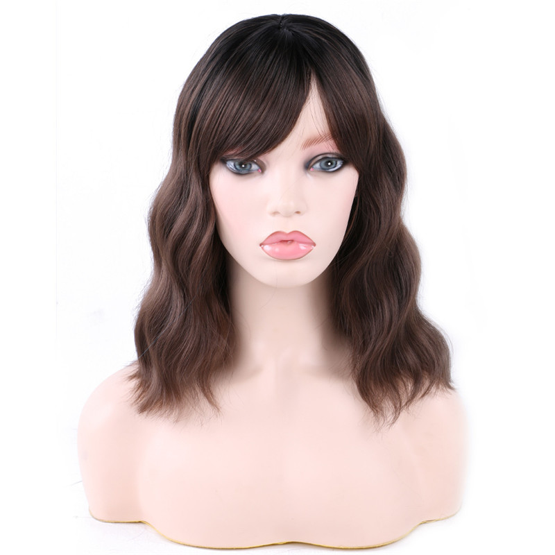 Wavy Bob Wig with Bangs Fringe Short Shoulder Length for Women Synthetic Fiber Hair with Skin Scalp Cosplay