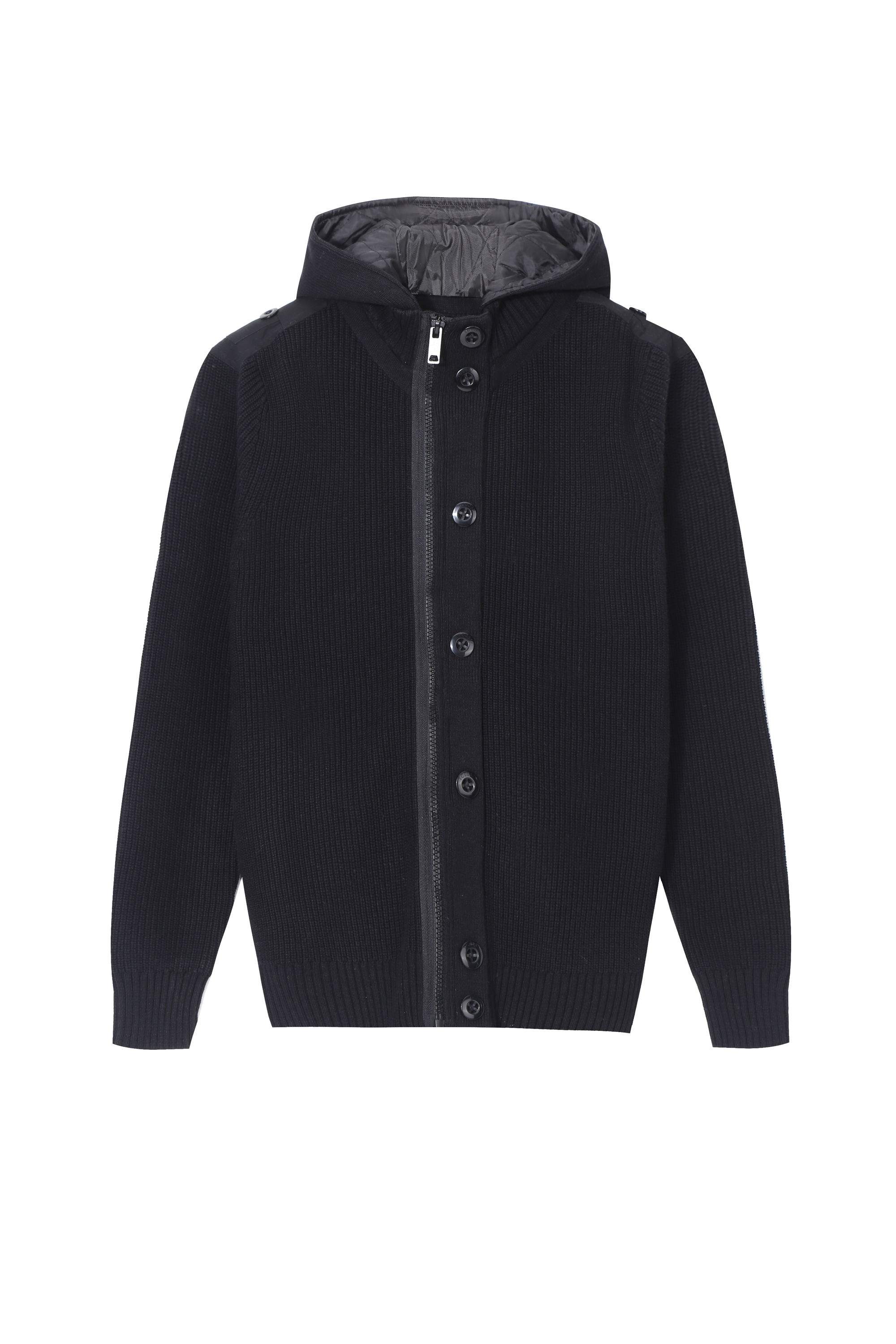 Мужской вязаный кардиган на молнии с капюшоном в рубчик Men's Rib Knit Zip-up Cardigan Woven Hoodie