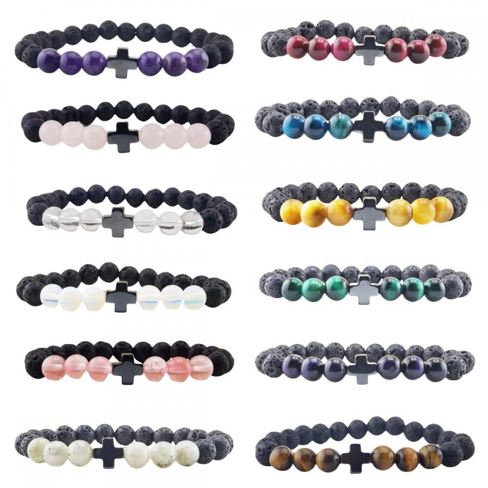 Gemstone 8 mm Black Lava Stone avec hématite croix Stretch Bracelet Naturel Stone Rounds Perles Bracelet à charme fait à la main pour les femmes