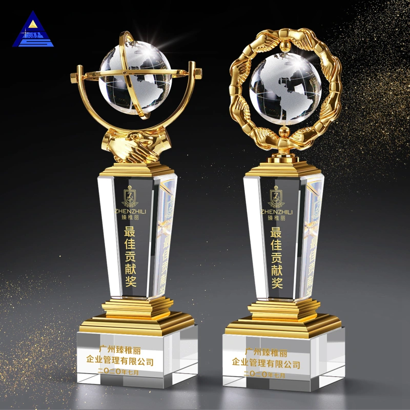 2021 Custom Crystal Plaque with Metal Silver Globe Crystal Award Silver Crystal Glass Trophy Awards