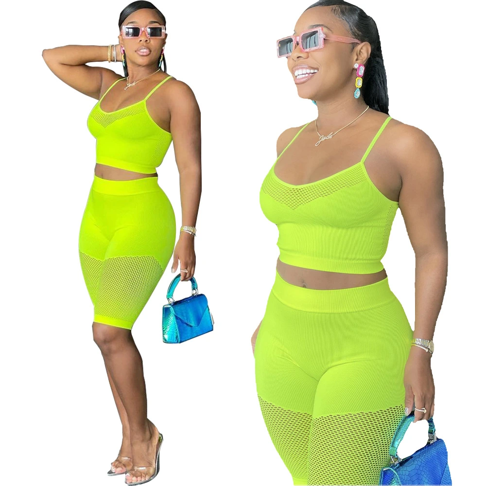 2021 Summer Sexy Women Sports 2 Piece Set Sling Tank Top Mesh Patchwork Women Two Piece Short Set