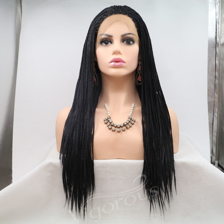 Long straight black cheap wholesale high quality heat resistant synthetic braided wig with lace front